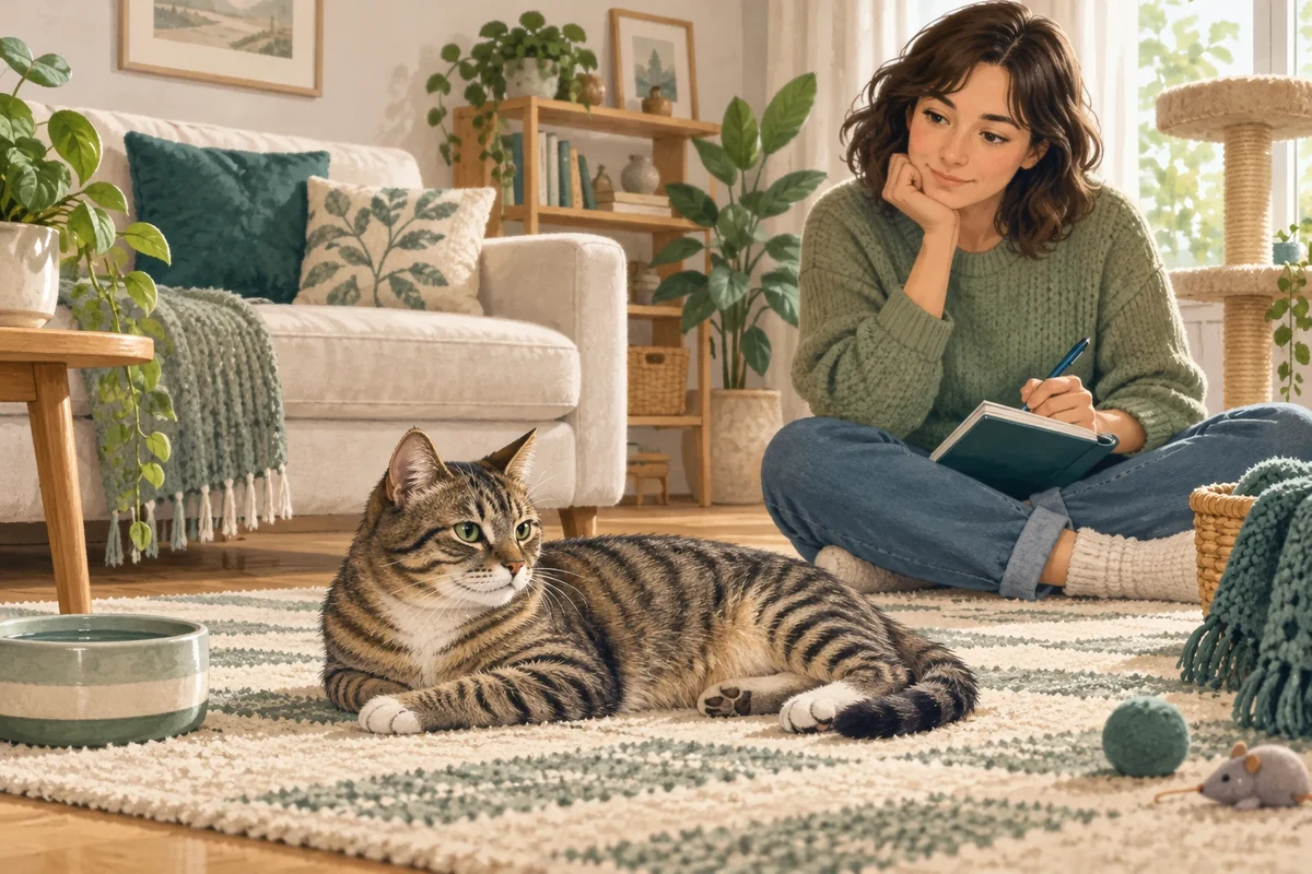 A tabby cat resting on a rug while a caregiver watches quietly with a notebook, without handling the cat