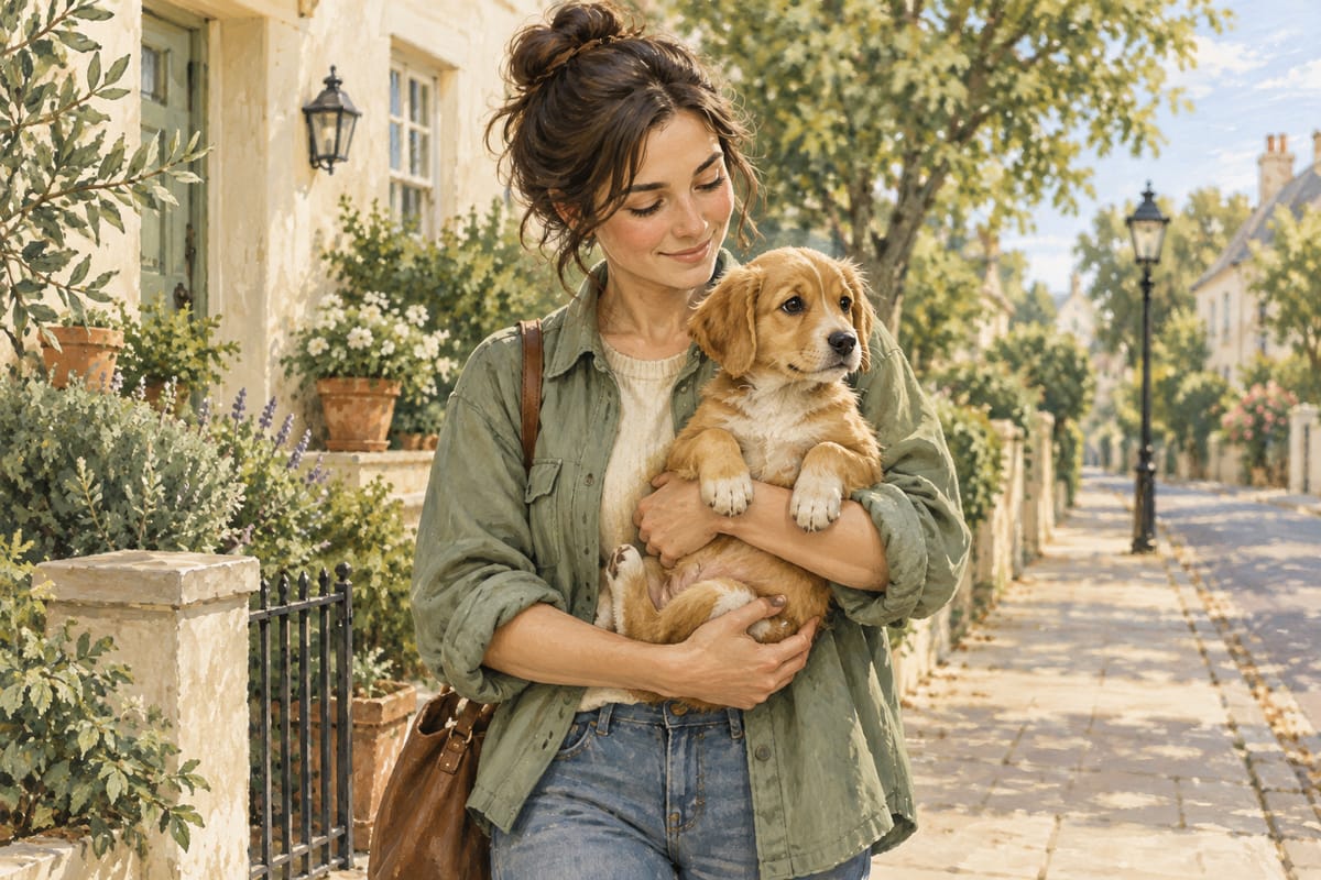 A caregiver holding a golden-brown puppy on a quiet residential street