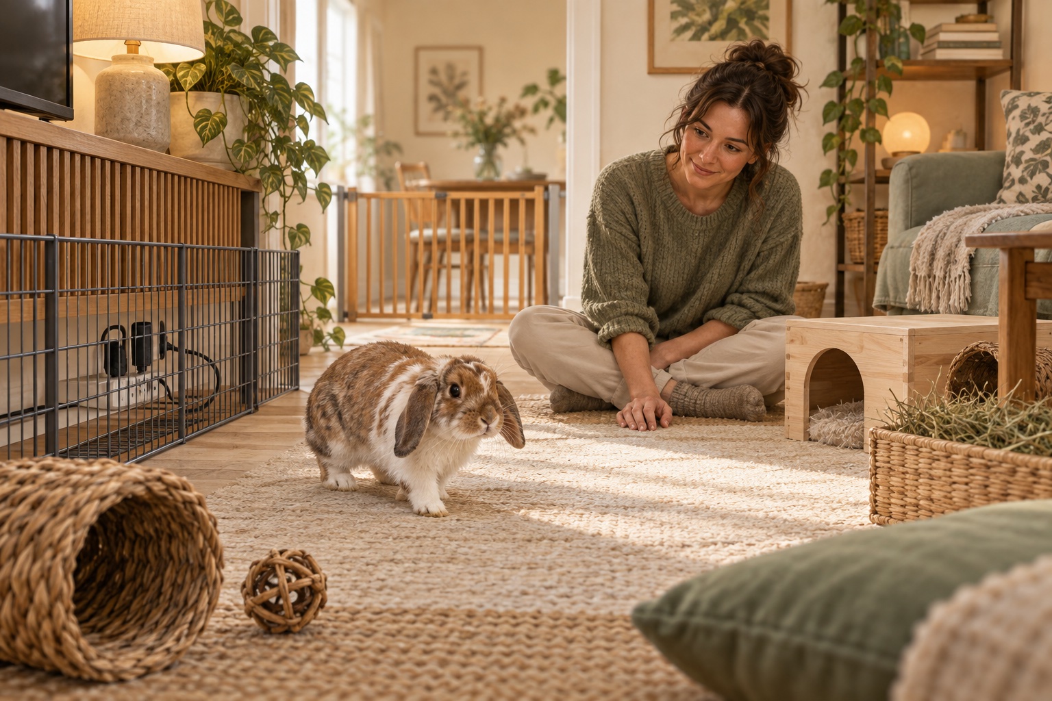 A rabbit exploring a safe indoor room with electrical cords behind a barrier