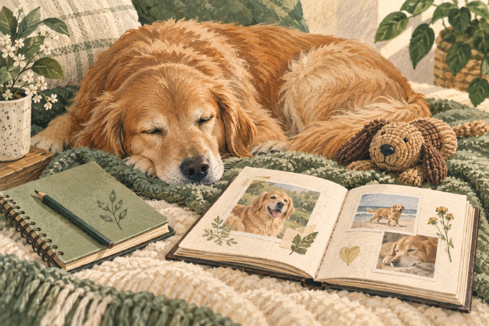 Dog resting beside a journal of memories
