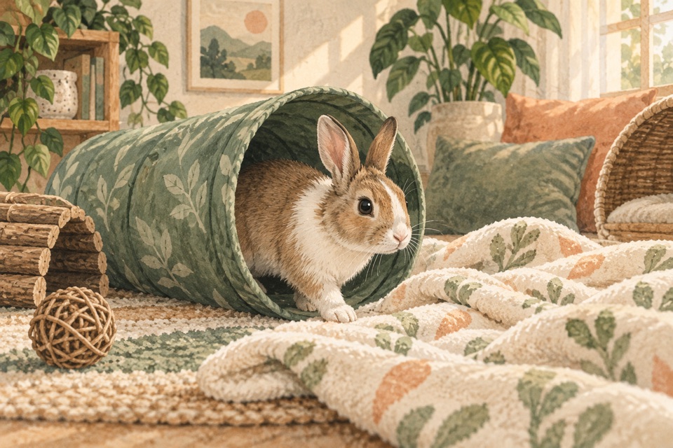 Rabbit exploring a calm home routine